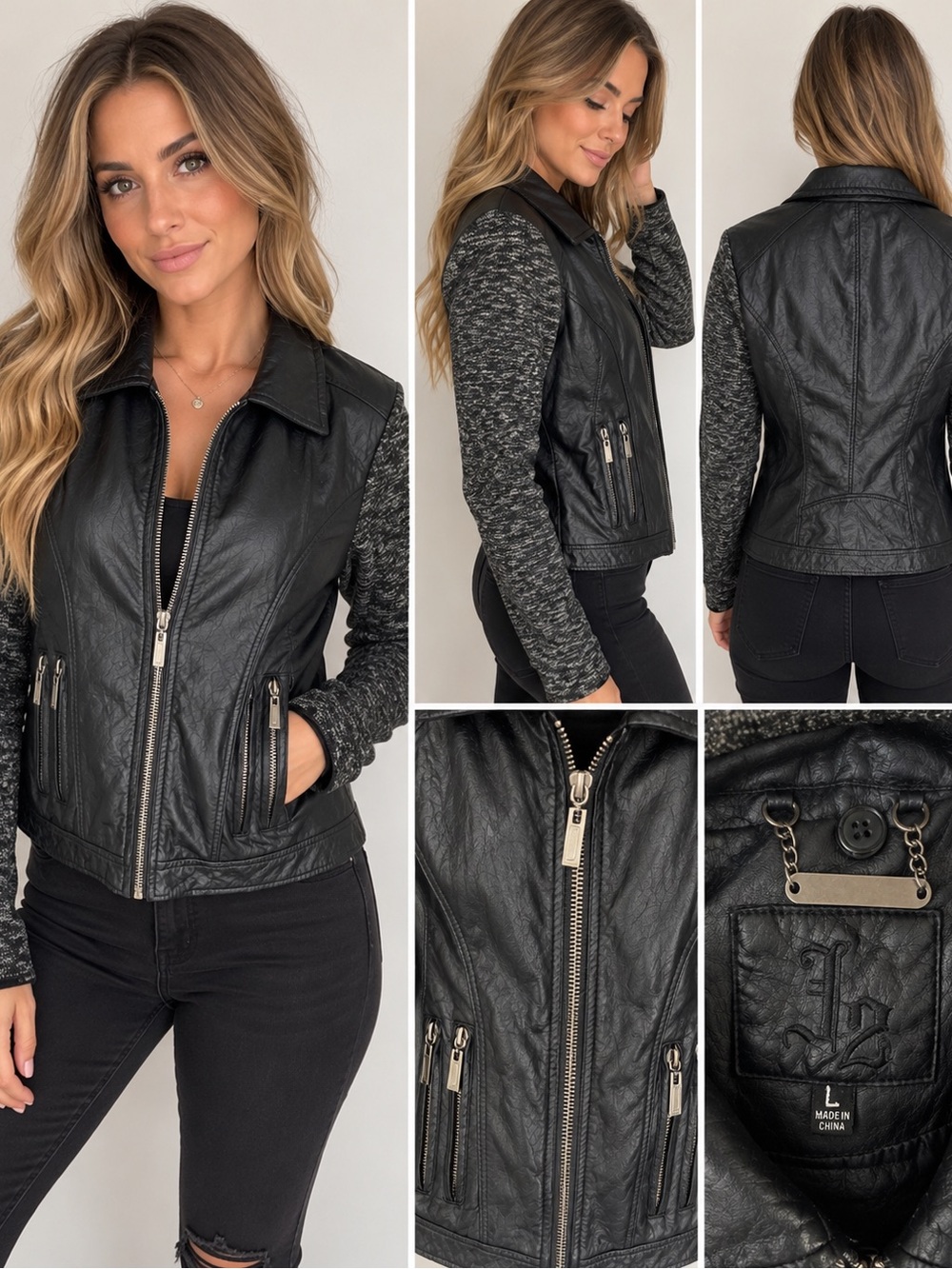Black Faux Leather Moto Jacket with Knit Contrast Sleeves
